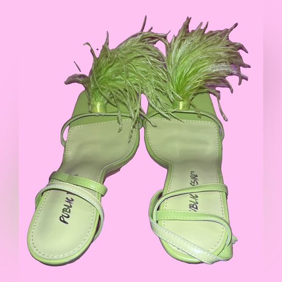 Neon Green Fluffy Feather Ankle Straps Heels - Picture 2 of 7